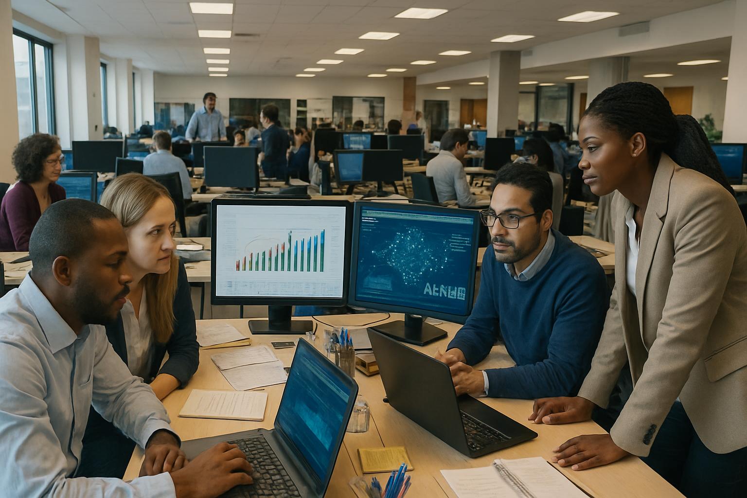 Corporate team collaborating on Business Reliance strategies in an open-plan office.