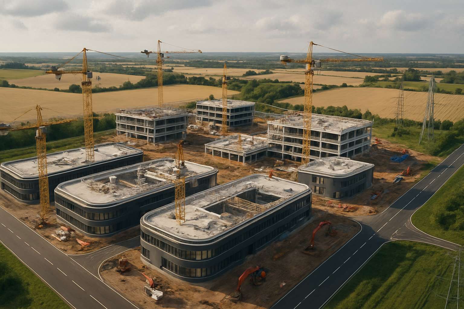 Aerial view of Lincolnshire tech campus construction after infrastructure approval