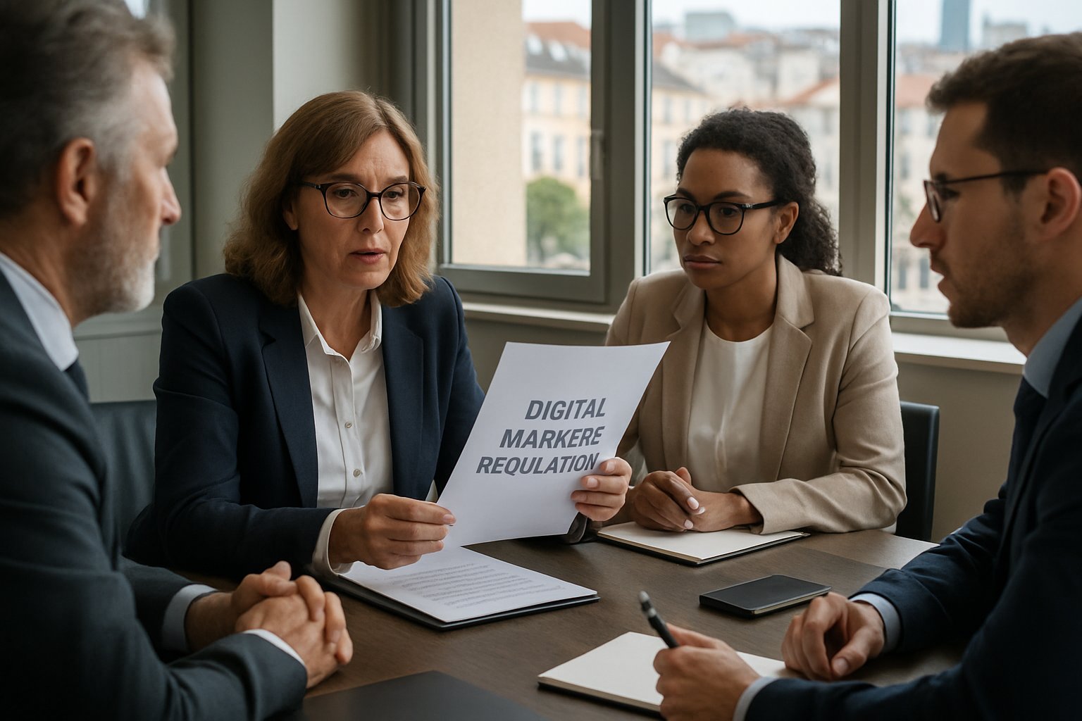 Executives discussing compliance with Digital Markets Regulation in a modern office.