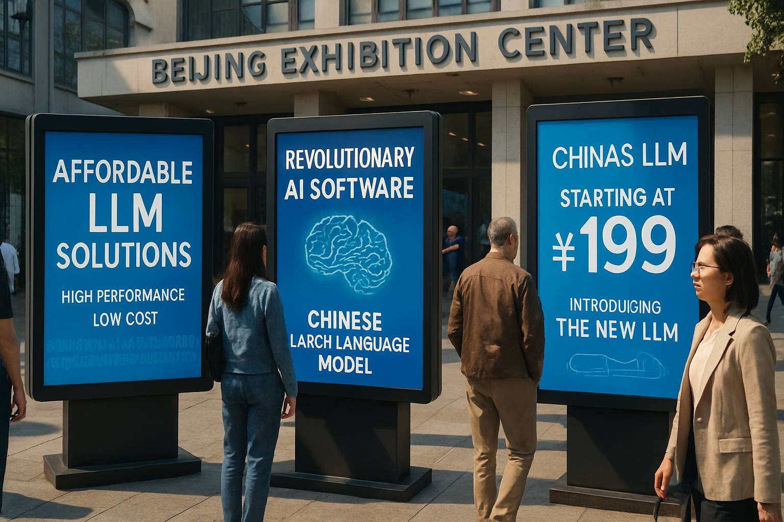 Busy Beijing tech expo showcasing banners on China LLM Price-War and AI solutions.