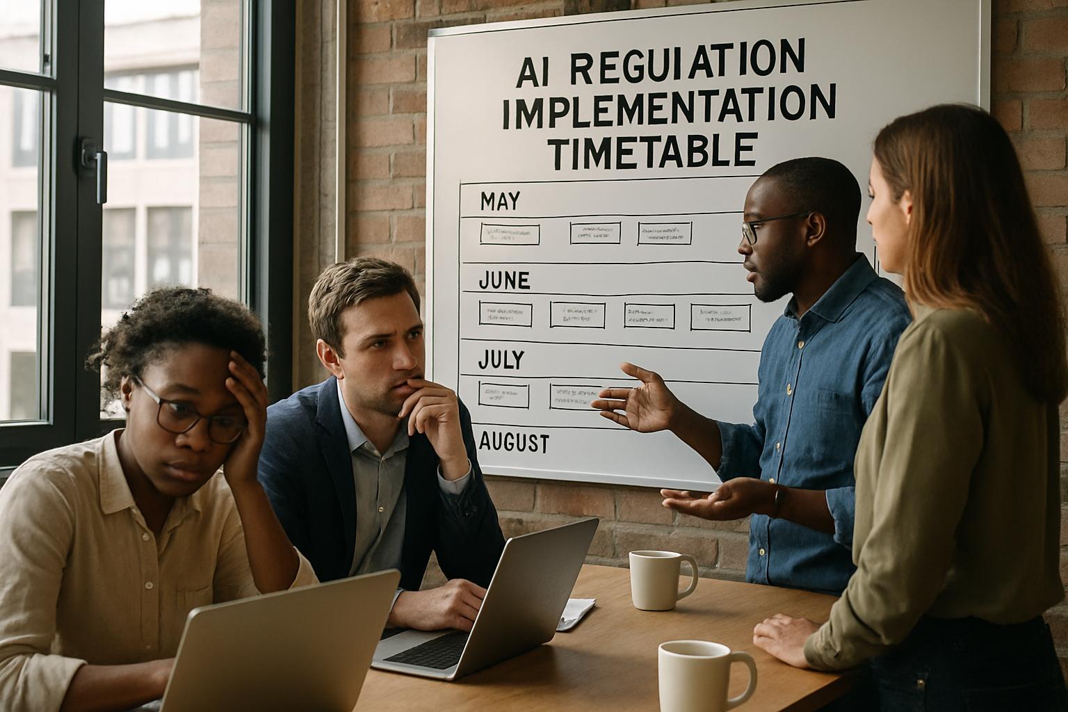 Tech leaders react to the AI Regulation Delay in a modern office setting.