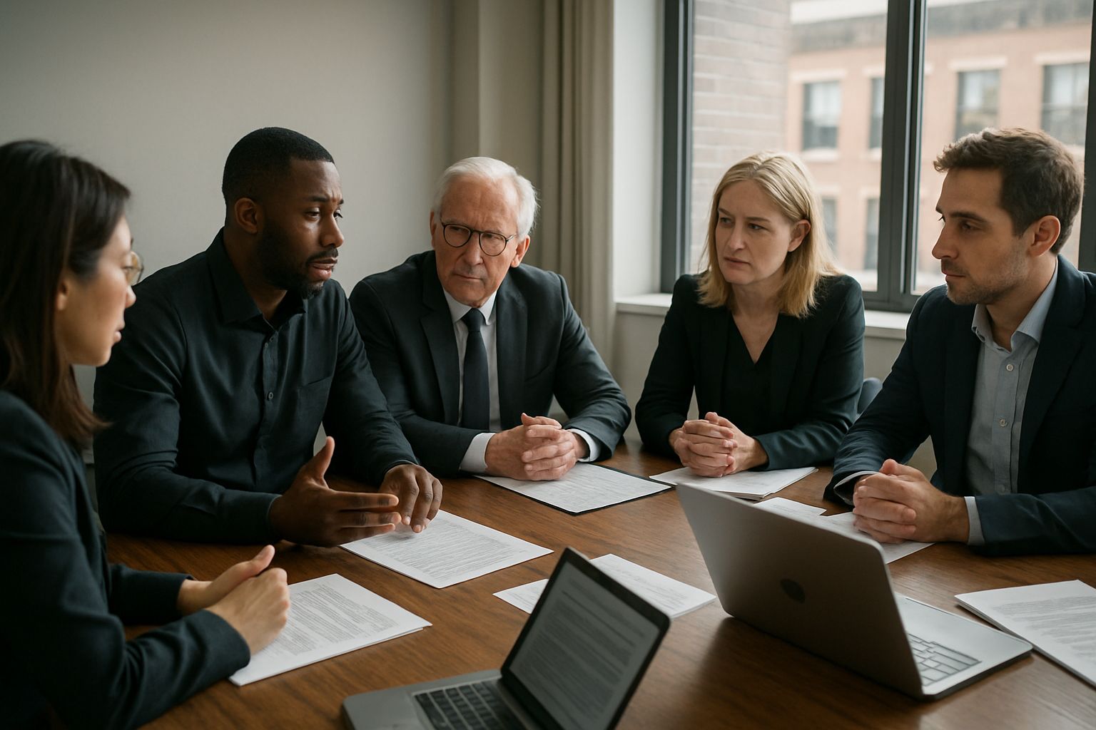 Executive team discussing AI Litigation strategy in office setting.