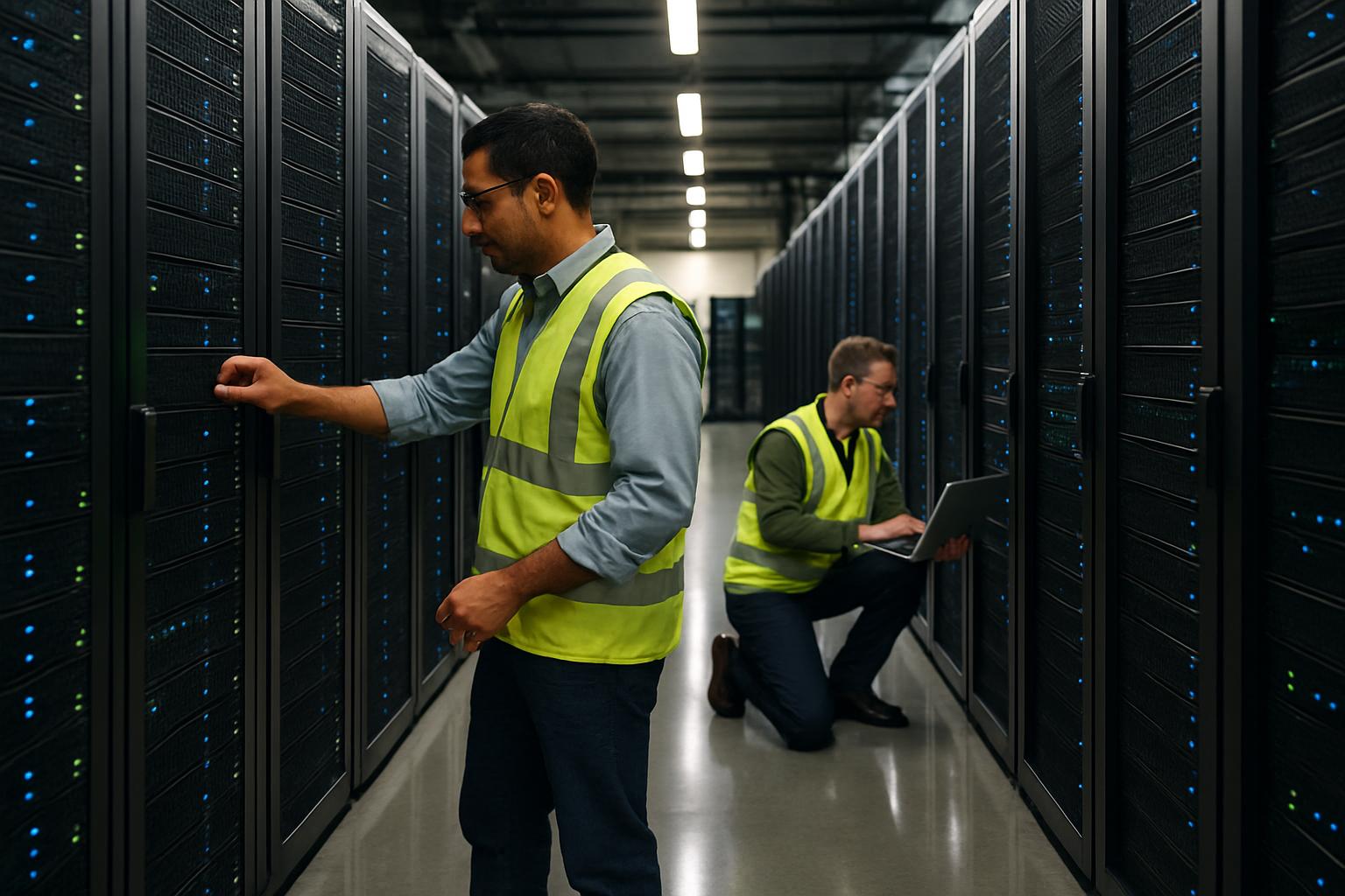 Regional Compute Infrastructure shown with server rows and technicians in Saskatchewan facility.