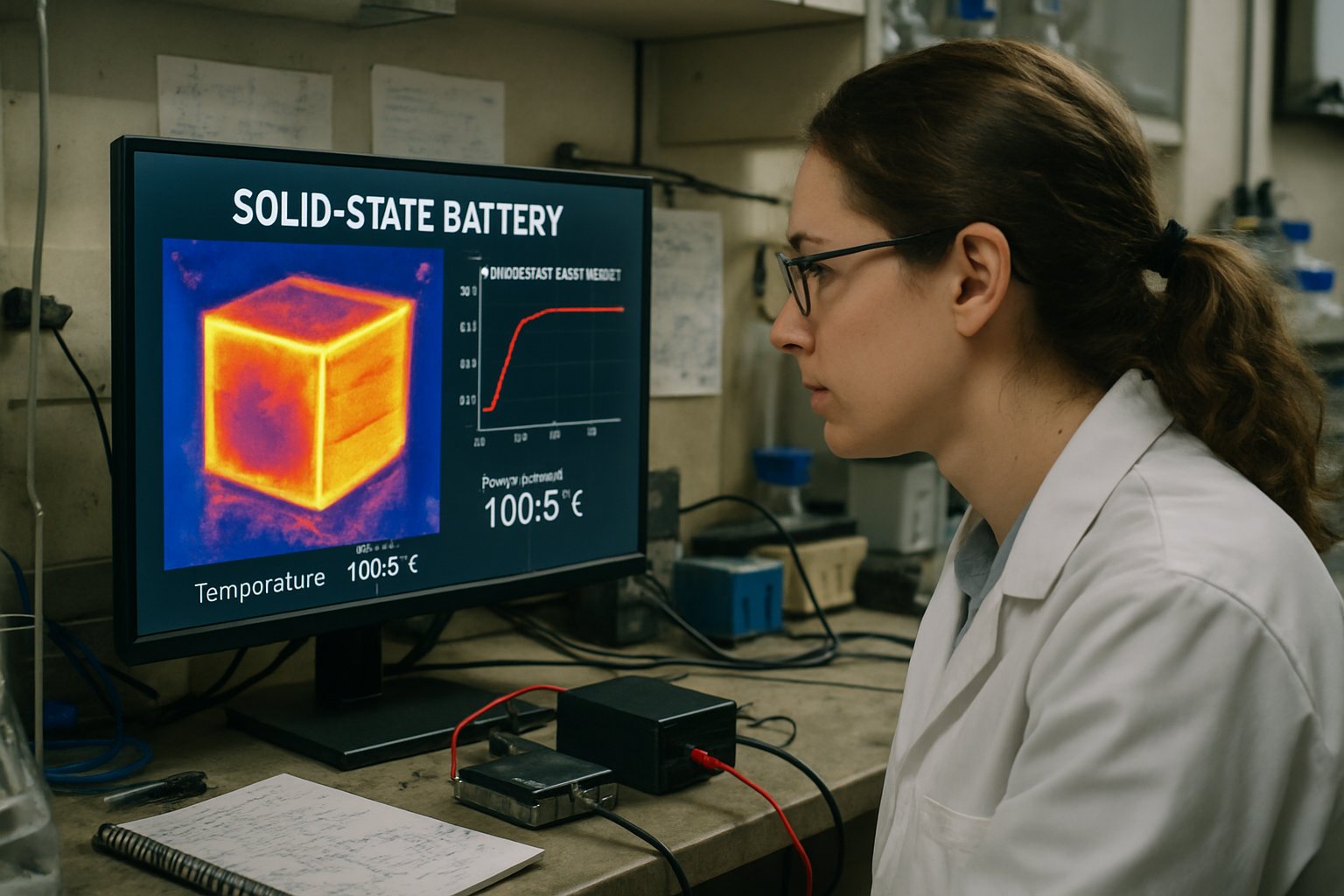 Scientist monitors Solid-State Battery temperature performance at 100°C.