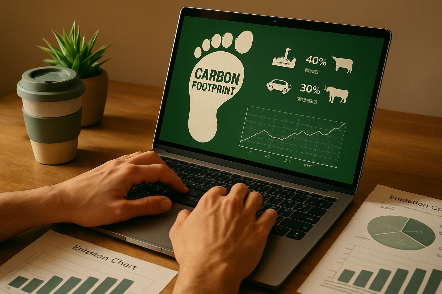 Laptop showing AI Carbon Footprint infographic in eco-friendly workspace