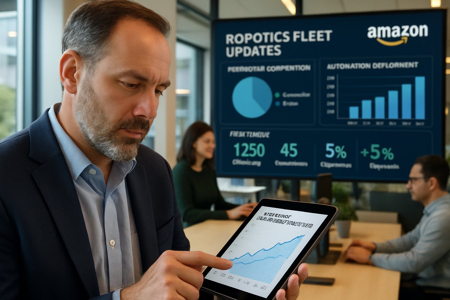 Manager reviewing automation labor shift data on tablet in office.