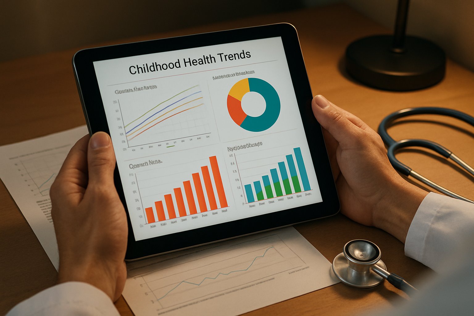 Health Metrics data displayed on a tablet showing childhood health trends.