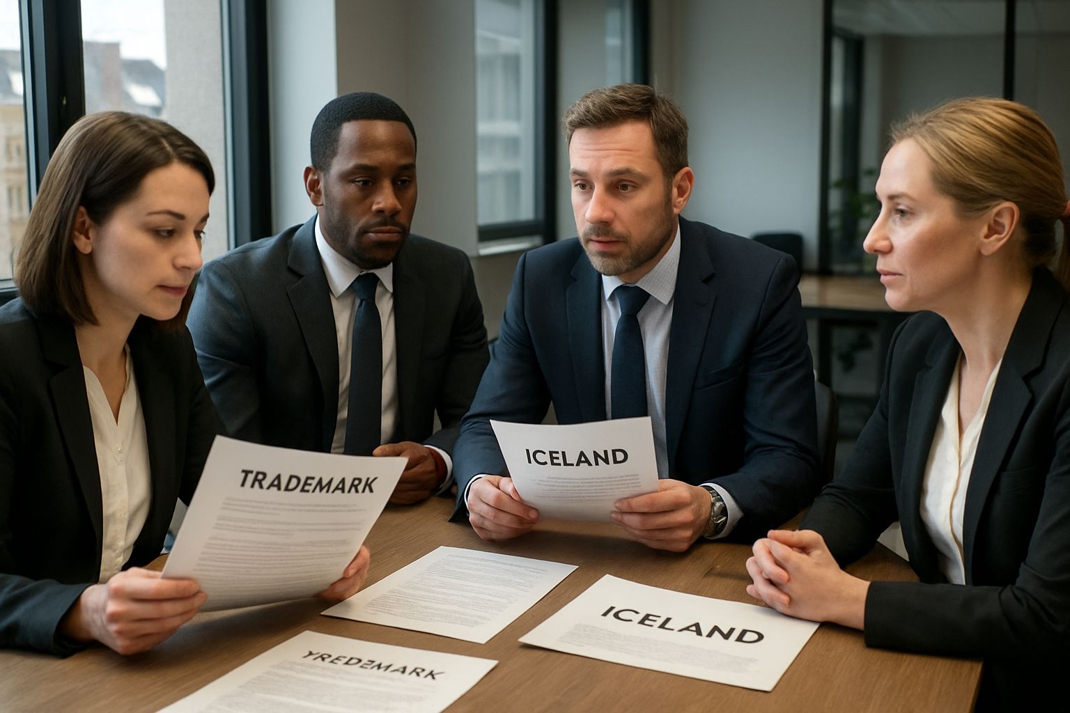 Business team discusses Iceland Trademark Thaw documents in a modern office.