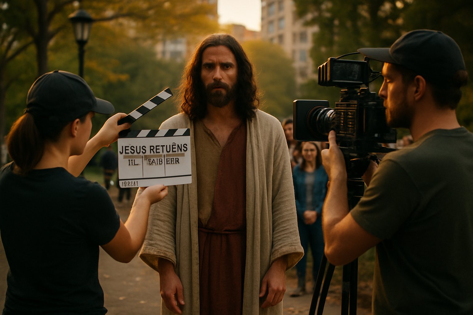 Indie film crew shooting Jesus Returns AI Trailer scene