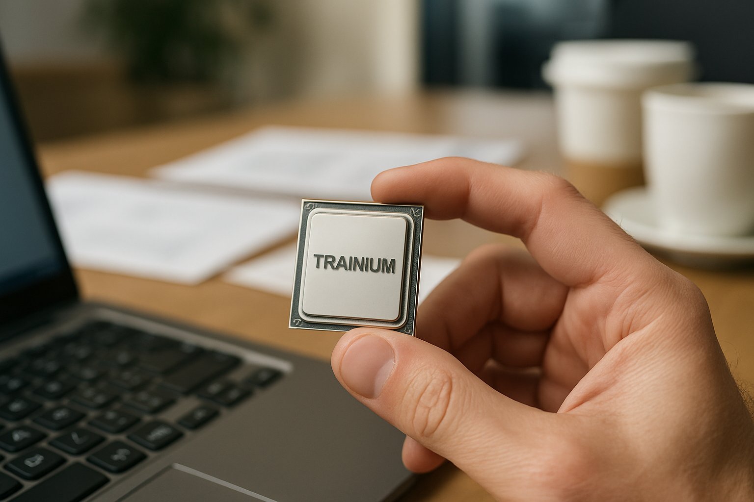 Close-up of Trainium chip in hand for Custom Silicon Ecosystem article.