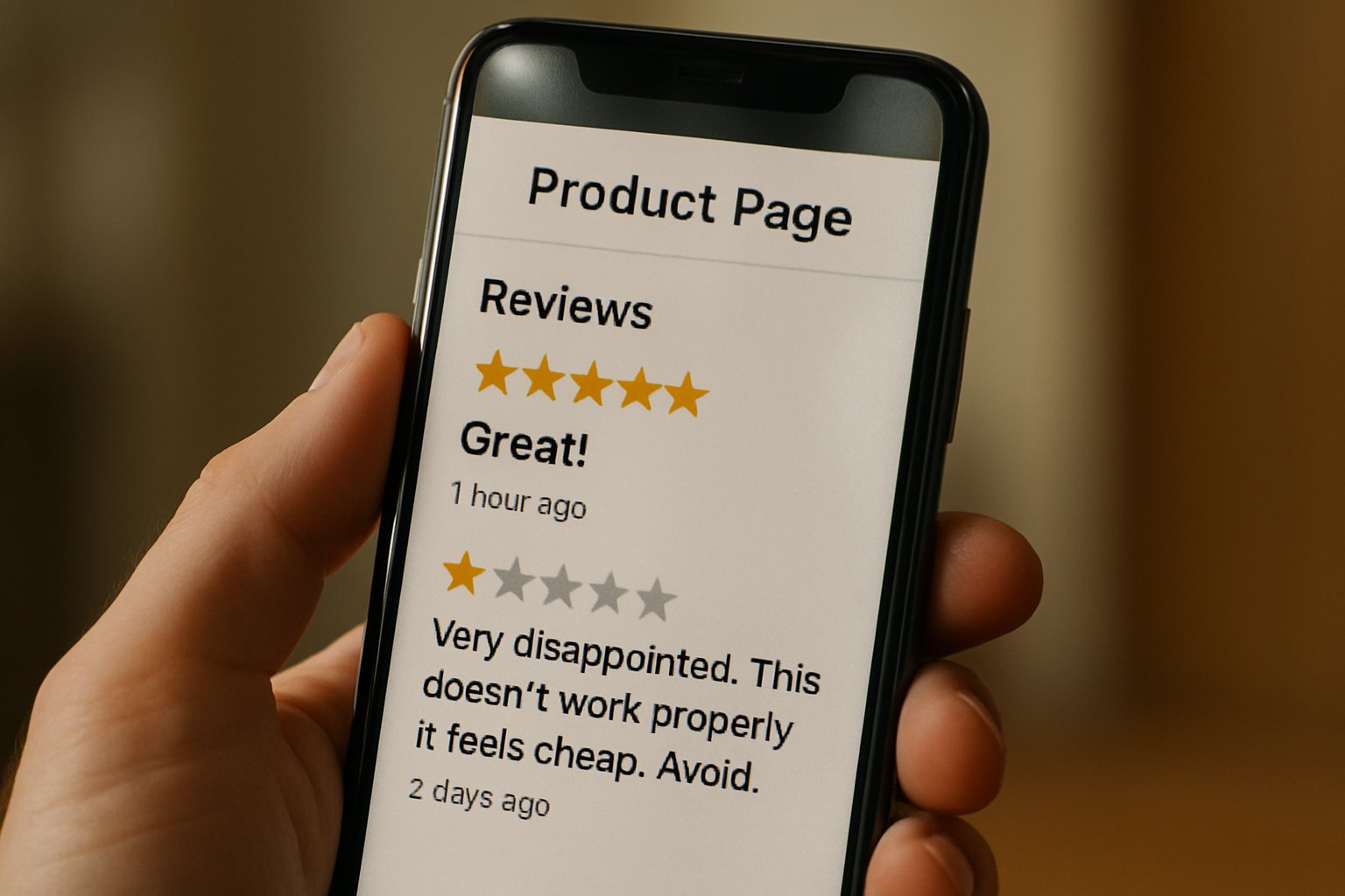 Product reviews fueling Consumer Trust Crisis on phone screen