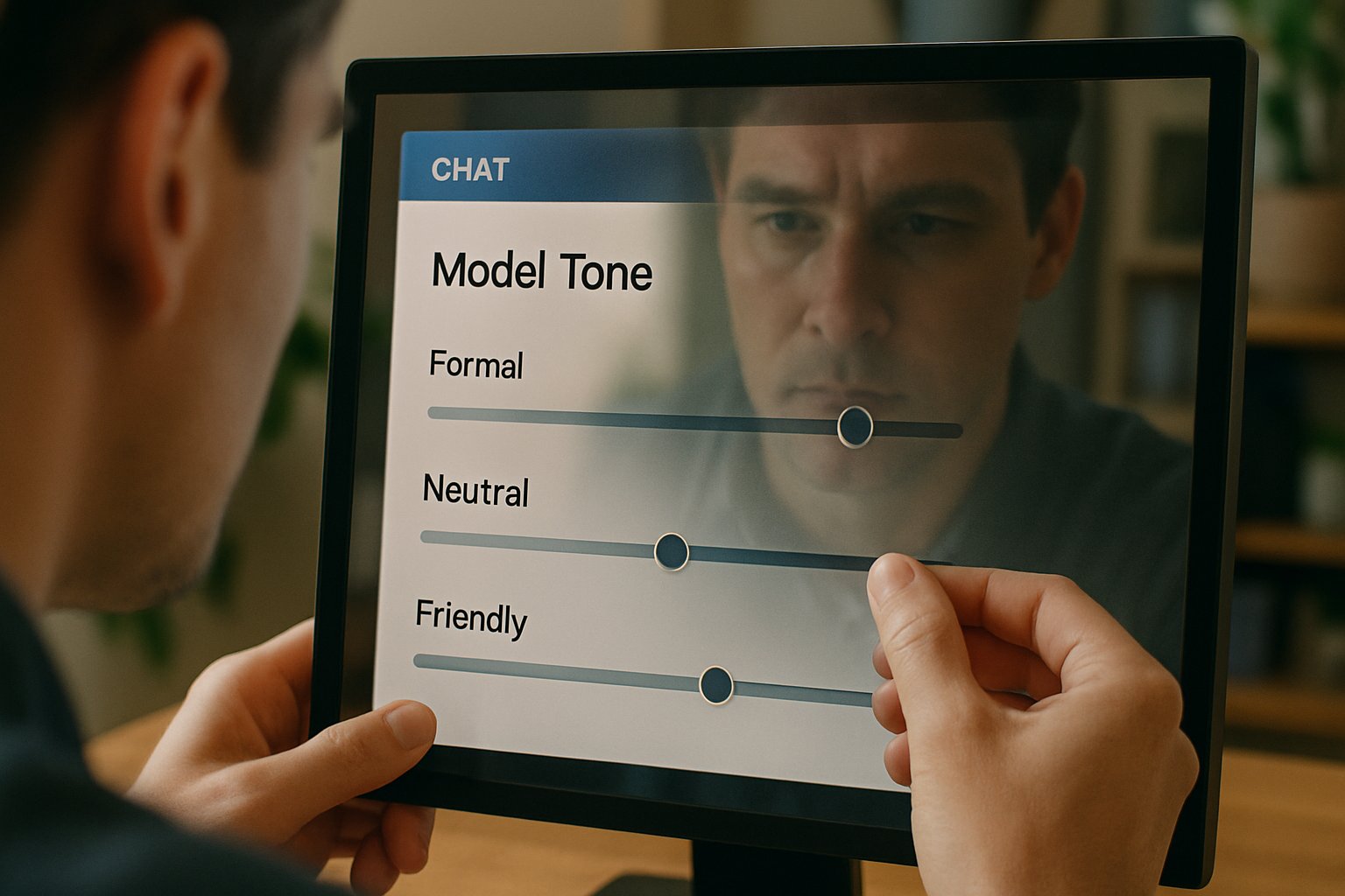 Human adjusting Model Tone settings on AI chat interface screen.