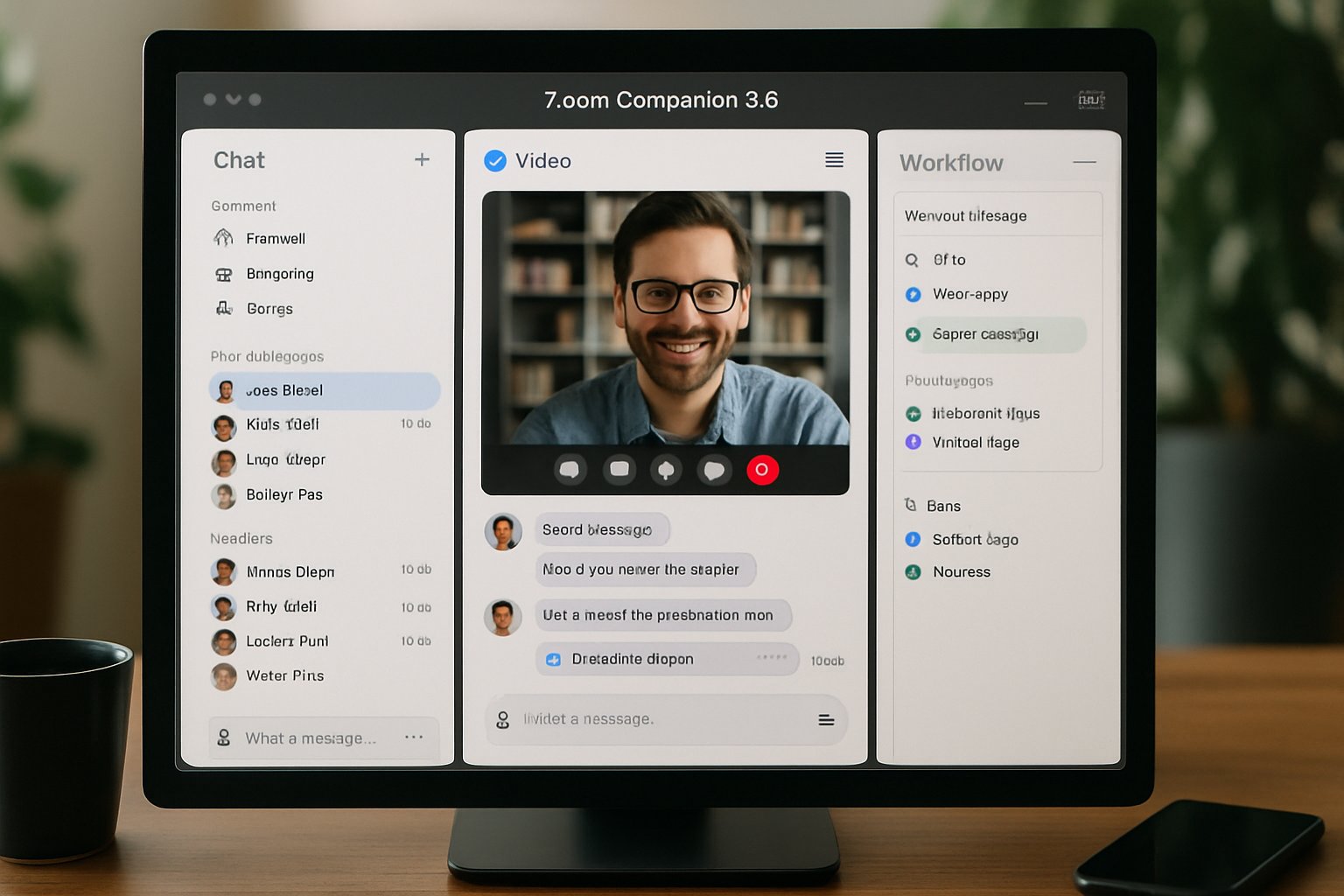 Unified Communications AI dashboard with Zoom Companion 3.0 interface displayed on monitor.