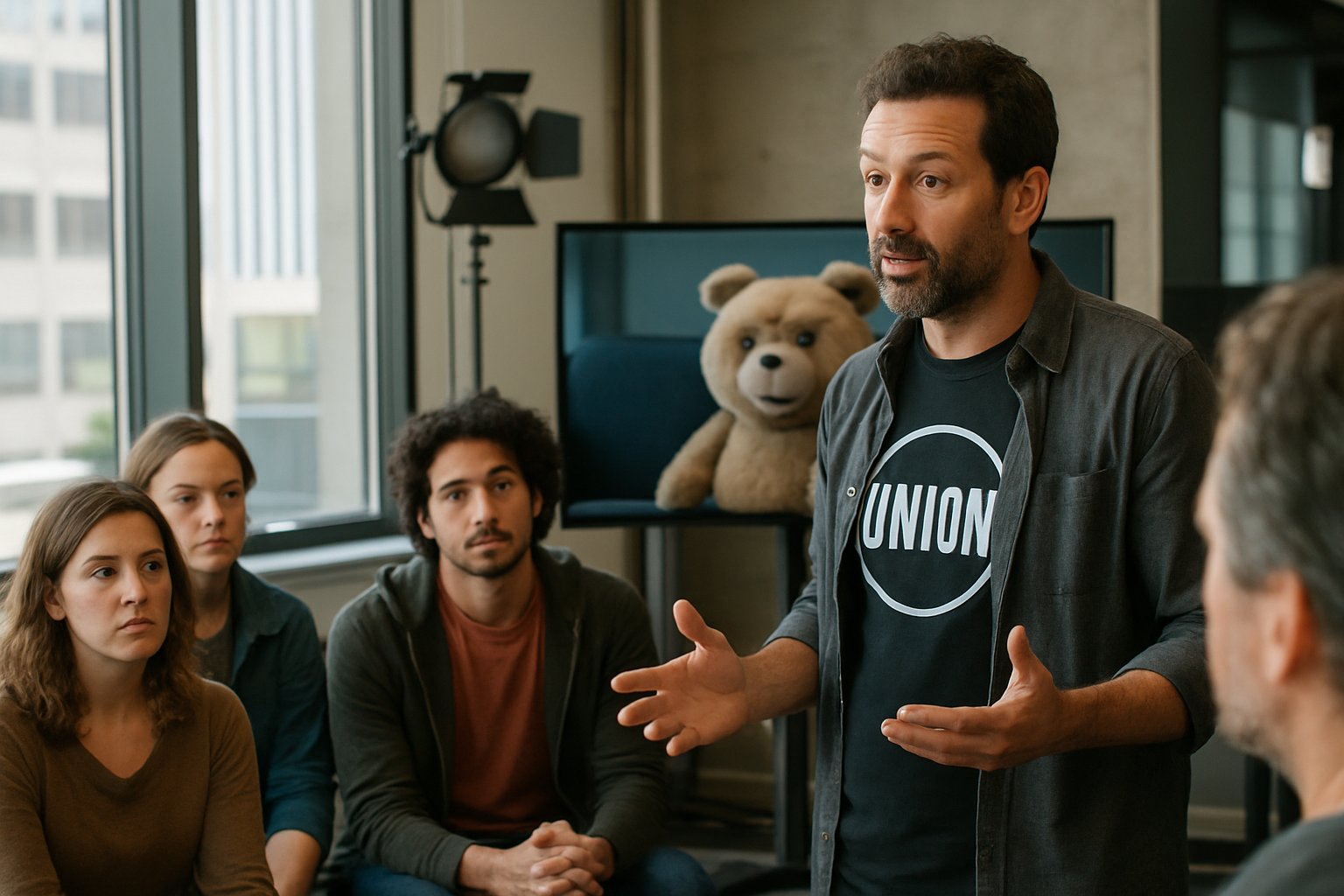 Union representative discusses MacFarlane AI Ted with actors inside a studio.
