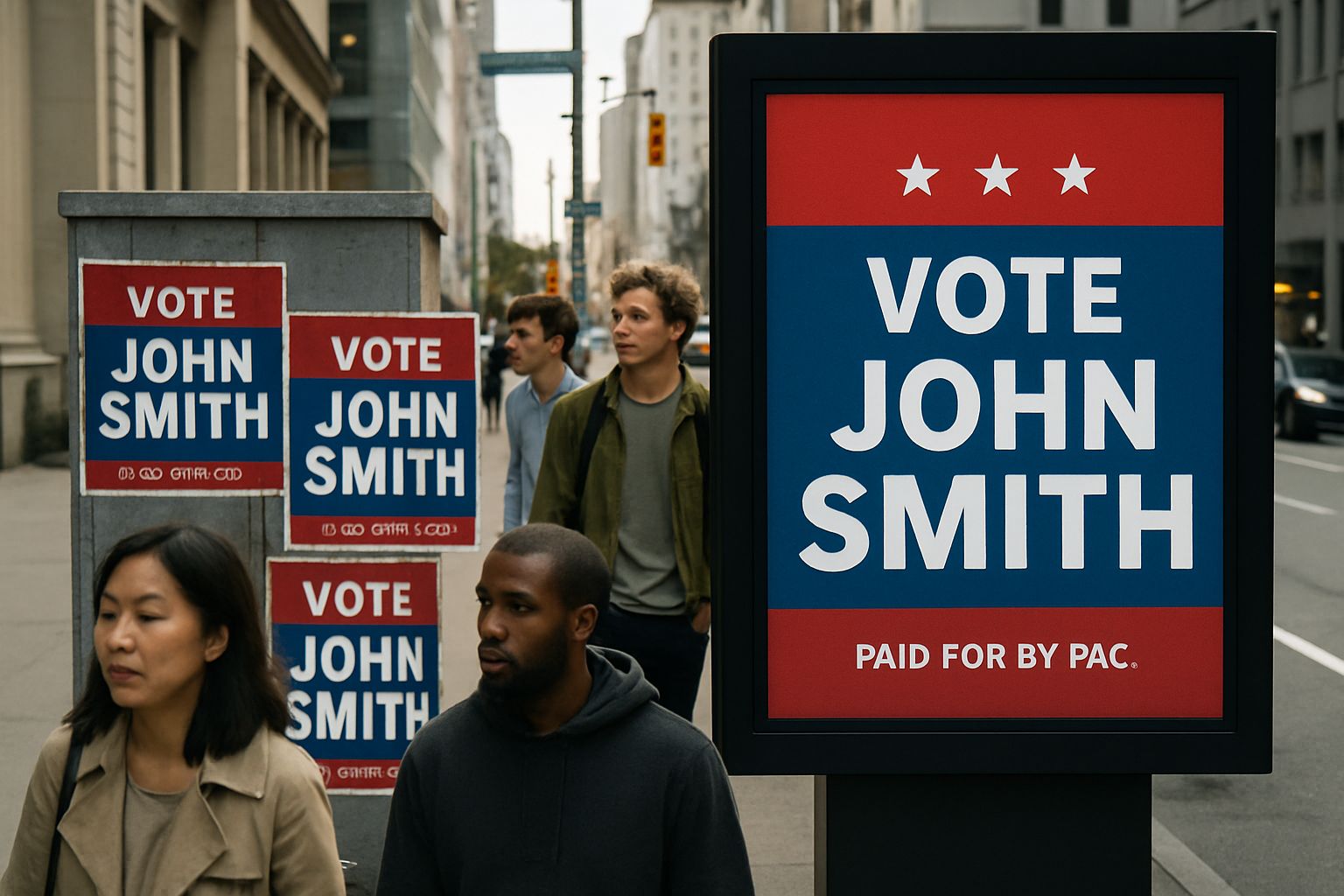 Political AI Campaigning digital billboard ad in a real urban environment.