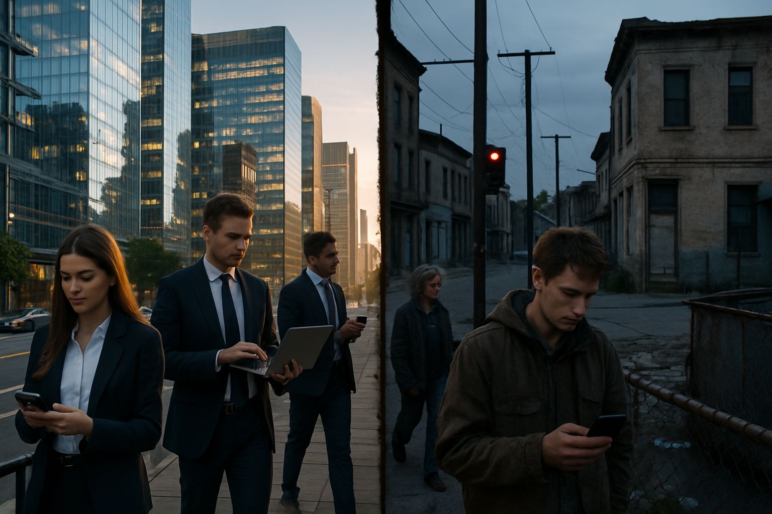 City divided by AI Economic Inequality with contrasting neighborhoods.