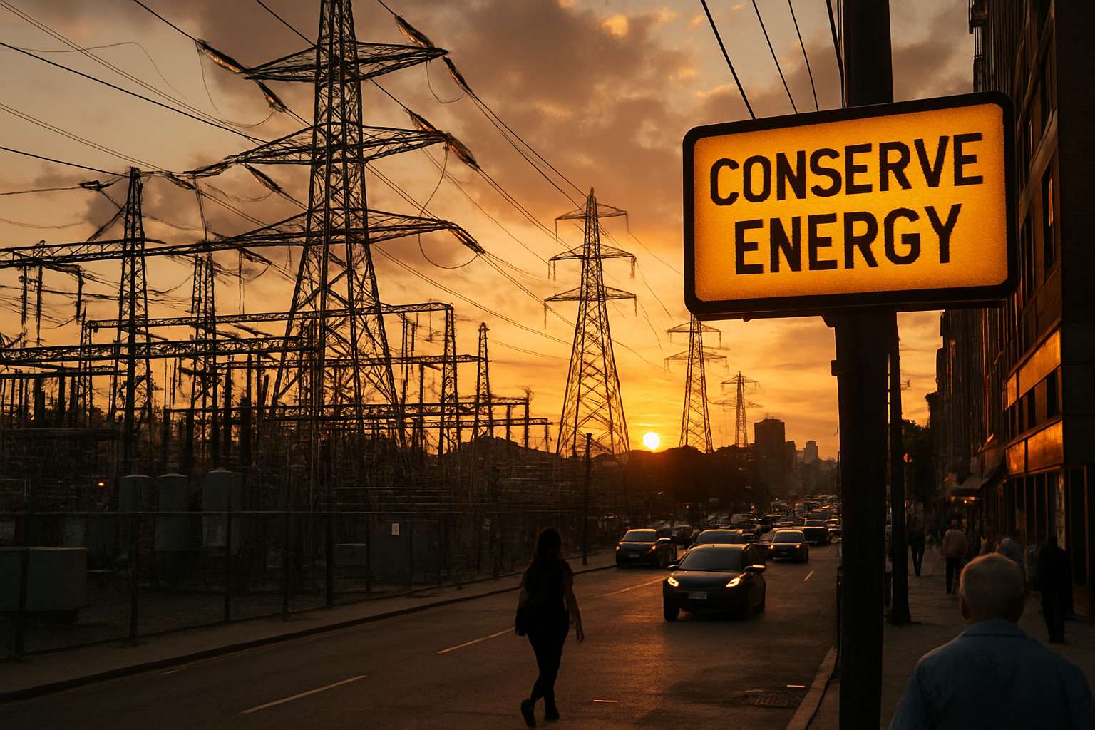 Power grid under stress from AI Power Shortage in a busy urban area.