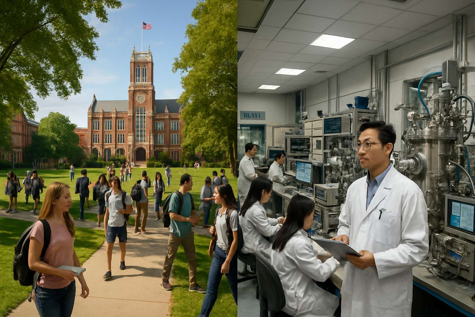 AI Talent Crisis illustrated through US campus and Chinese research facility contrast.