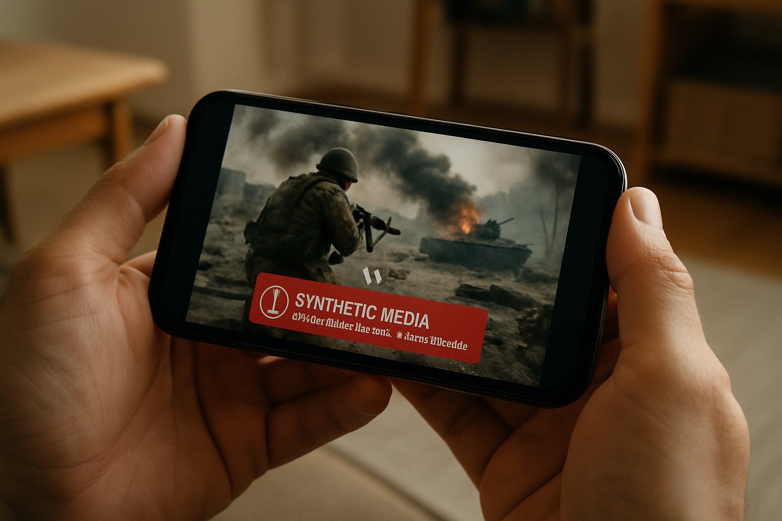 Smartphone user viewing unlabeled synthetic media with warning label.