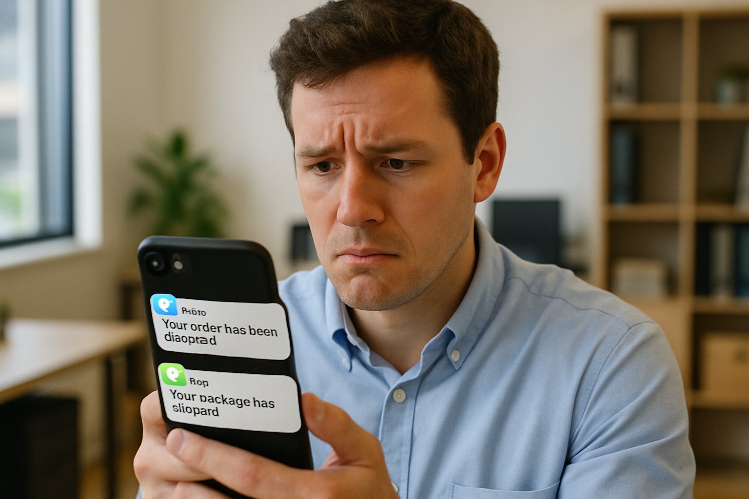 Frustrated user reacting to AI Smartphone Failure with conflicting app notifications