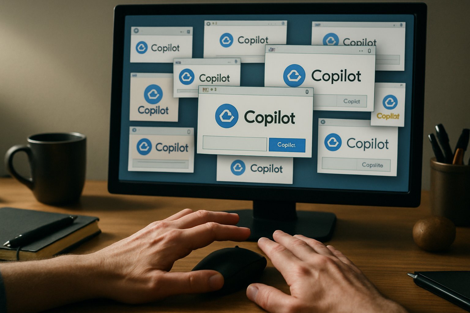 Consumer Resistance illustrated by user overwhelmed by Microsoft Copilot features.