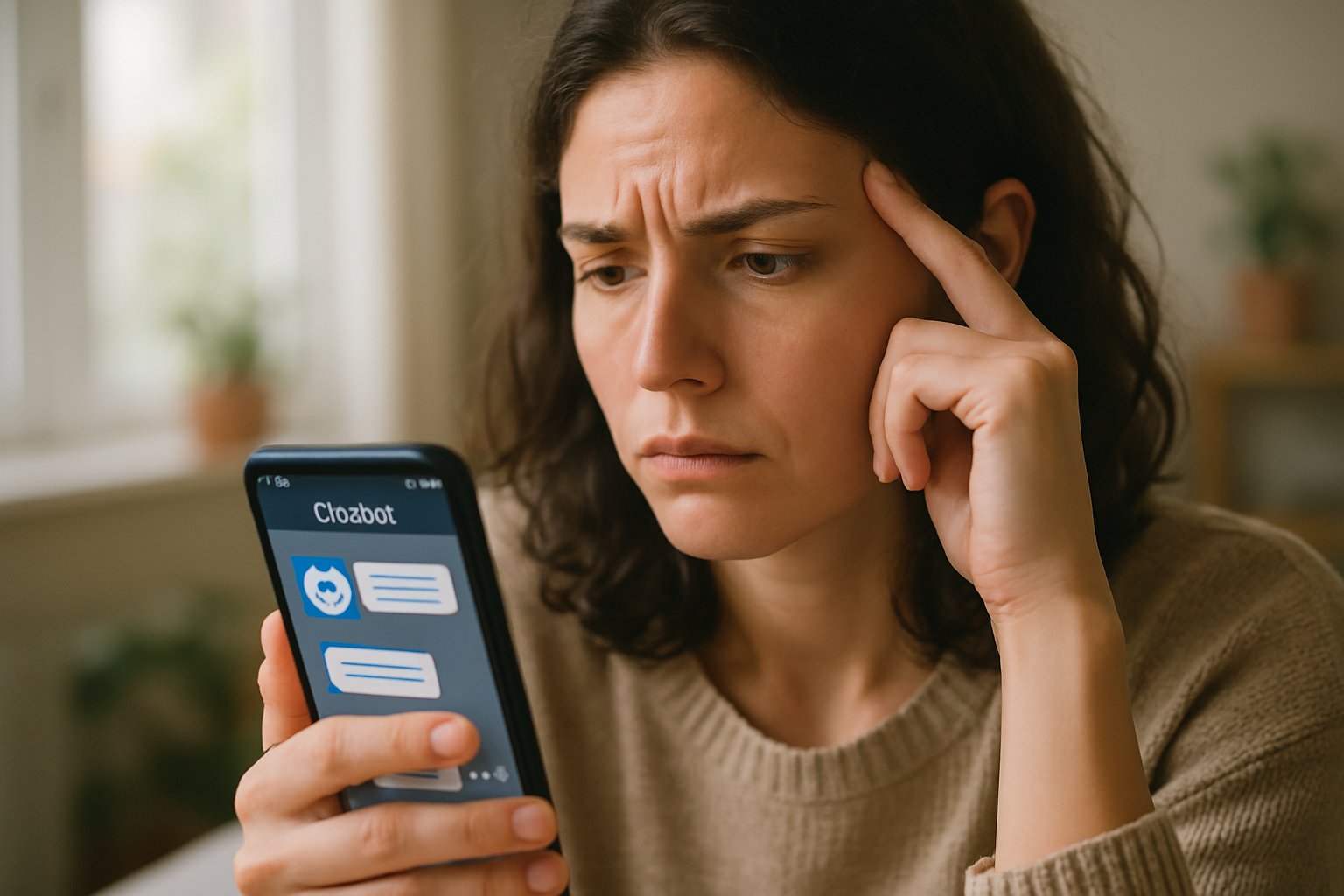 Worried person using AI Mental Health chatbot on smartphone.