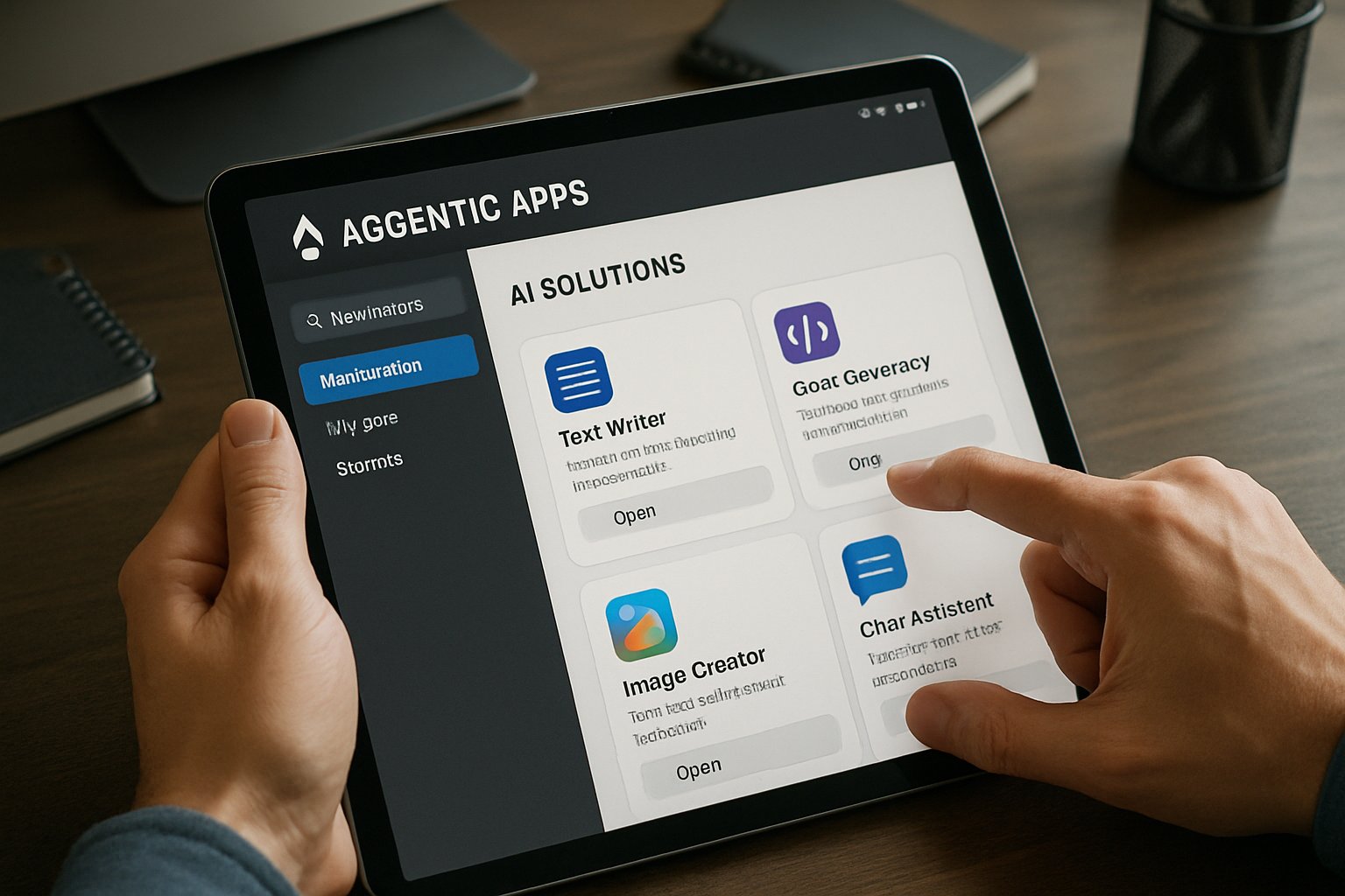 Agentic Apps marketplace shown on tablet in office context.