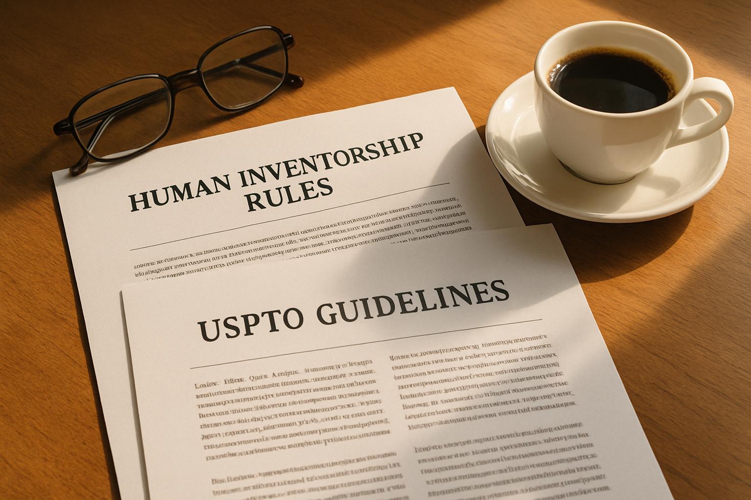 Legal desk with Human Inventorship Rules and USPTO guideline documents.