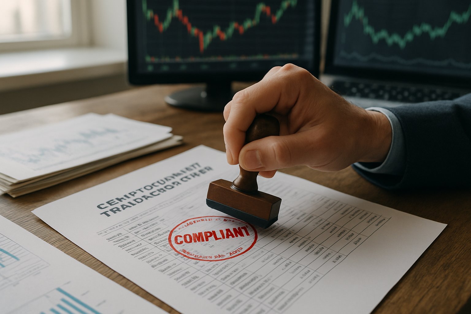 Official stamping compliant mark on cryptocurrency report for Crypto Compliance.