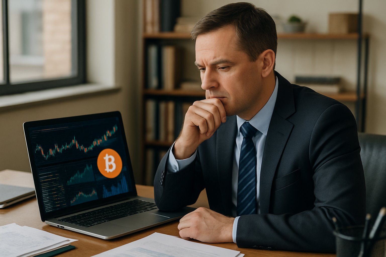 Venture Fund manager analyzing digital assets on a laptop in office.