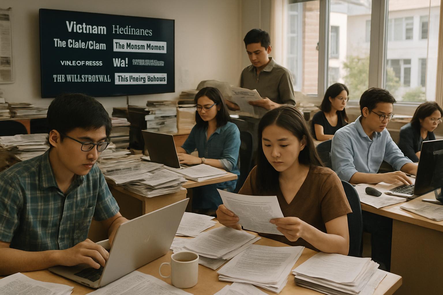 Vietnam Content Crackdown impacts journalists in a busy Vietnamese newsroom reviewing content for accuracy.