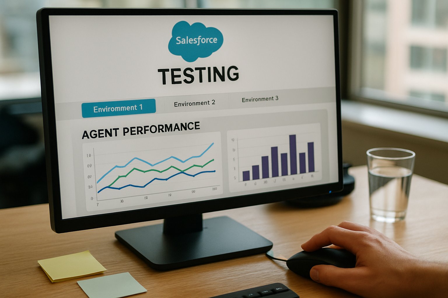 Salesforce Testing interface showing virtual environment simulations and agent testing metrics.