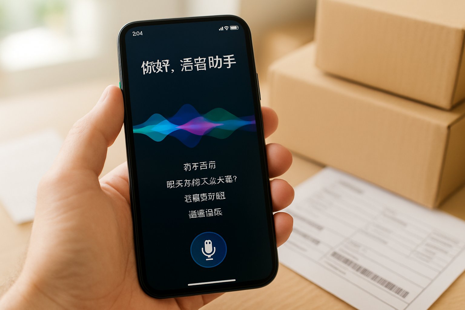 Smartphone with Chinese Voice app shown in a courier dispatch setting.