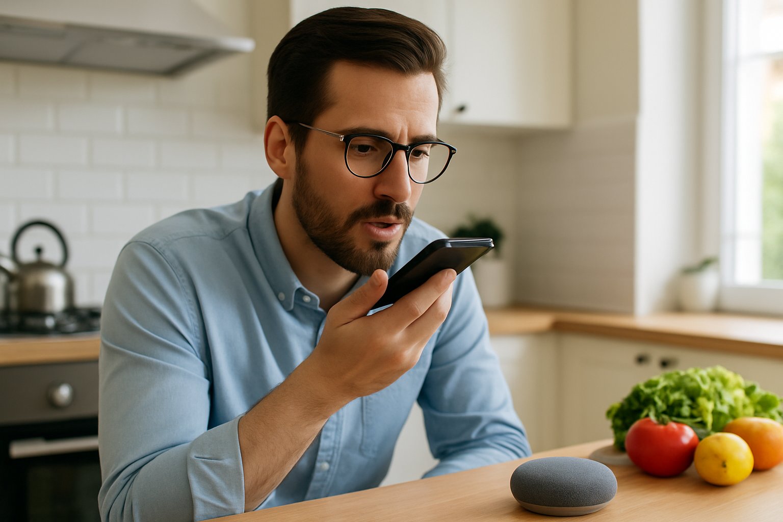 Professional using Ambient Voice Intelligence on Alexa device in modern kitchen.