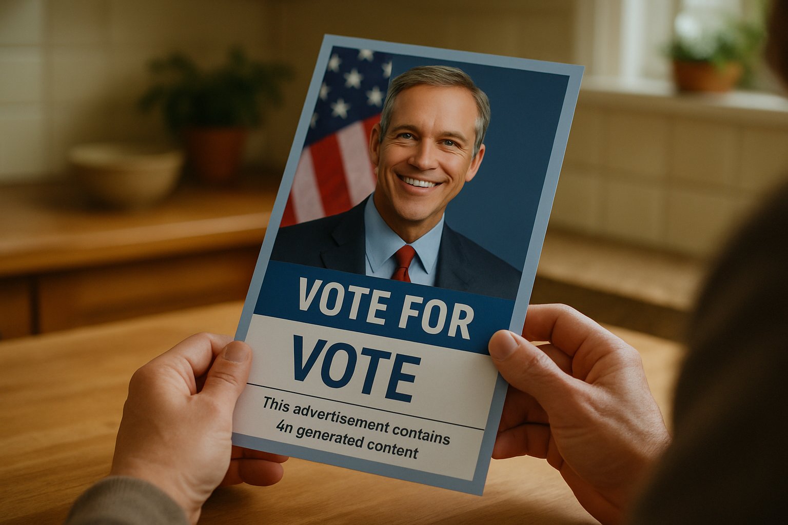 Voter reviews political ad flyer with ad transparency AI disclosure.