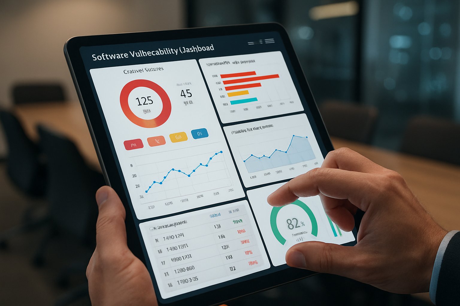 Tablet showing Algorithmic Vulnerability Management dashboard with actionable data.