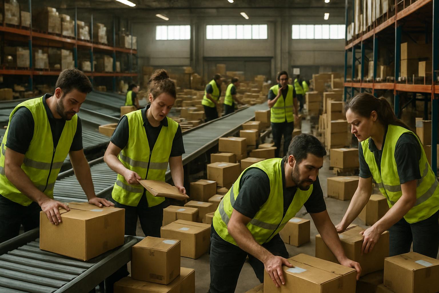 Logistics Crisis in warehouse showing disrupted workflow and inactive automation.