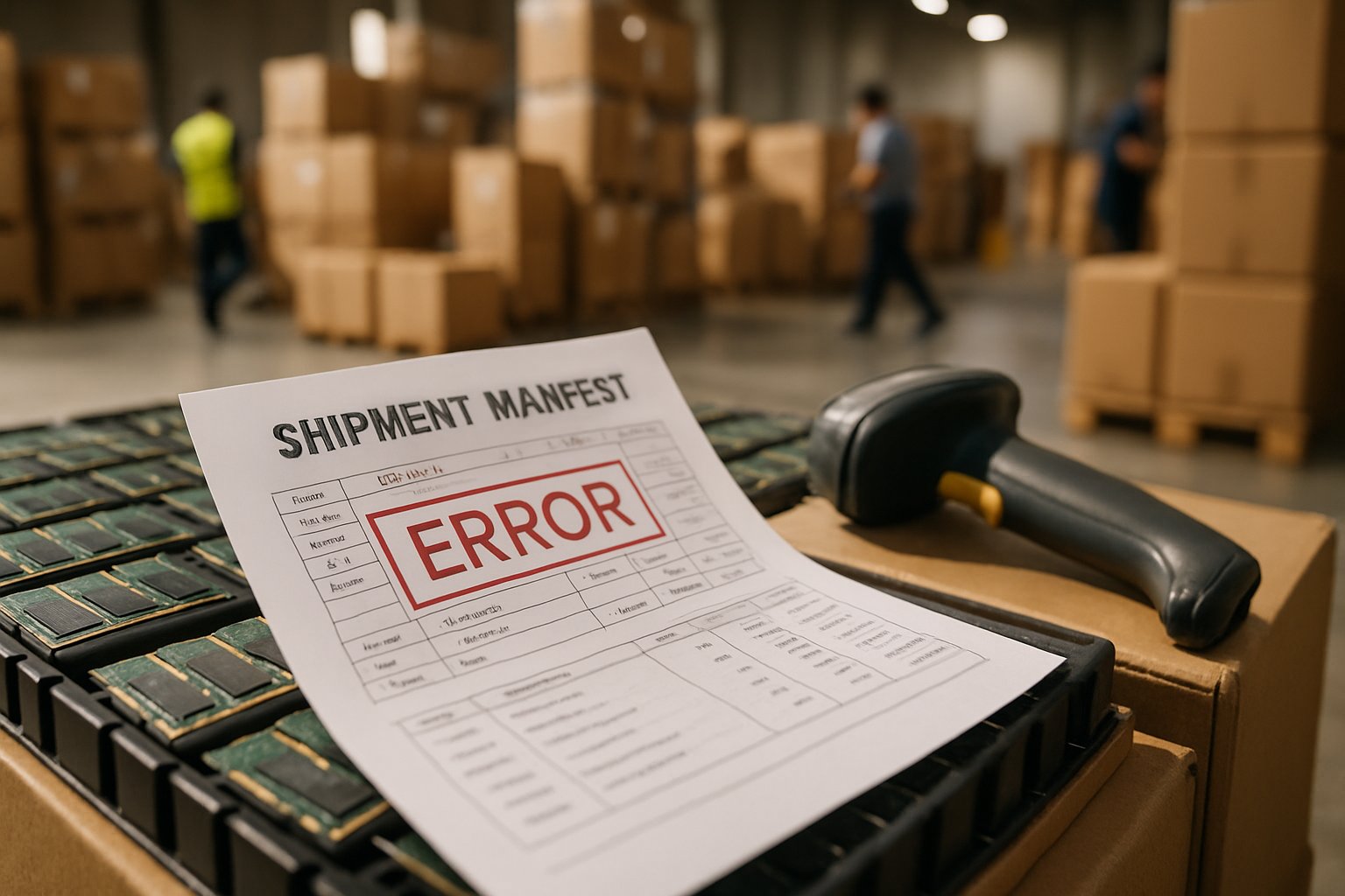Logistics Optimization Error causing supply chain delays in a warehouse storing memory chips.