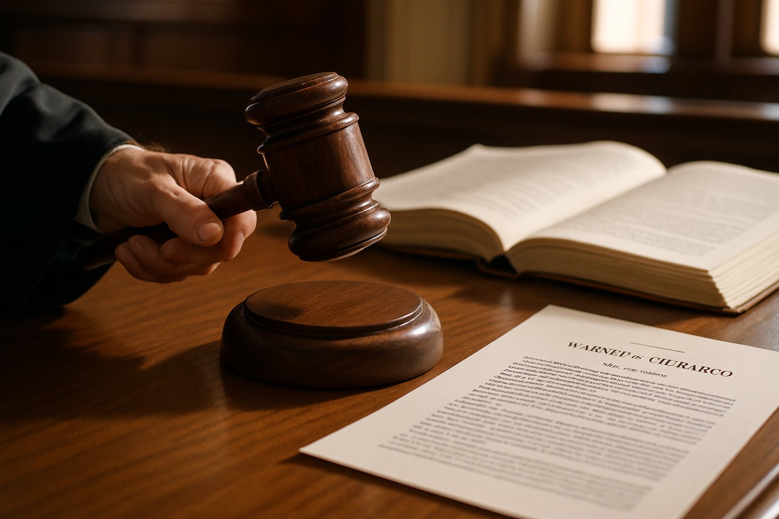 Warner v Gilbarco judgment in courtroom setting with judge's gavel