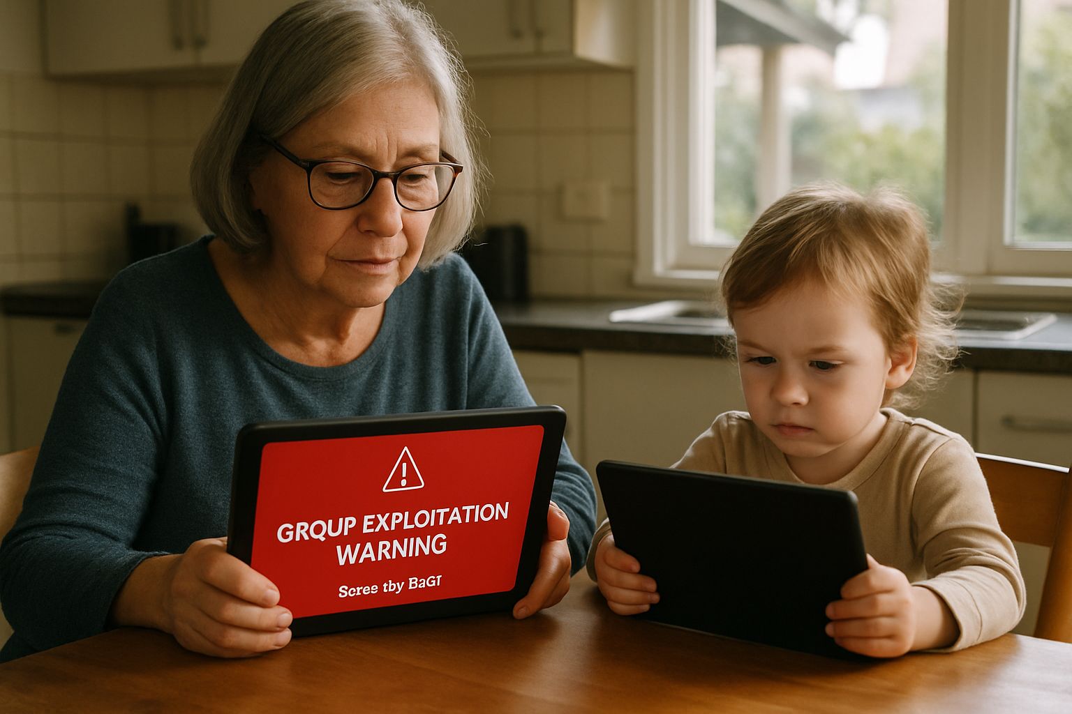 Group Exploitation Warning alert shown to kids and elderly on tablet devices.