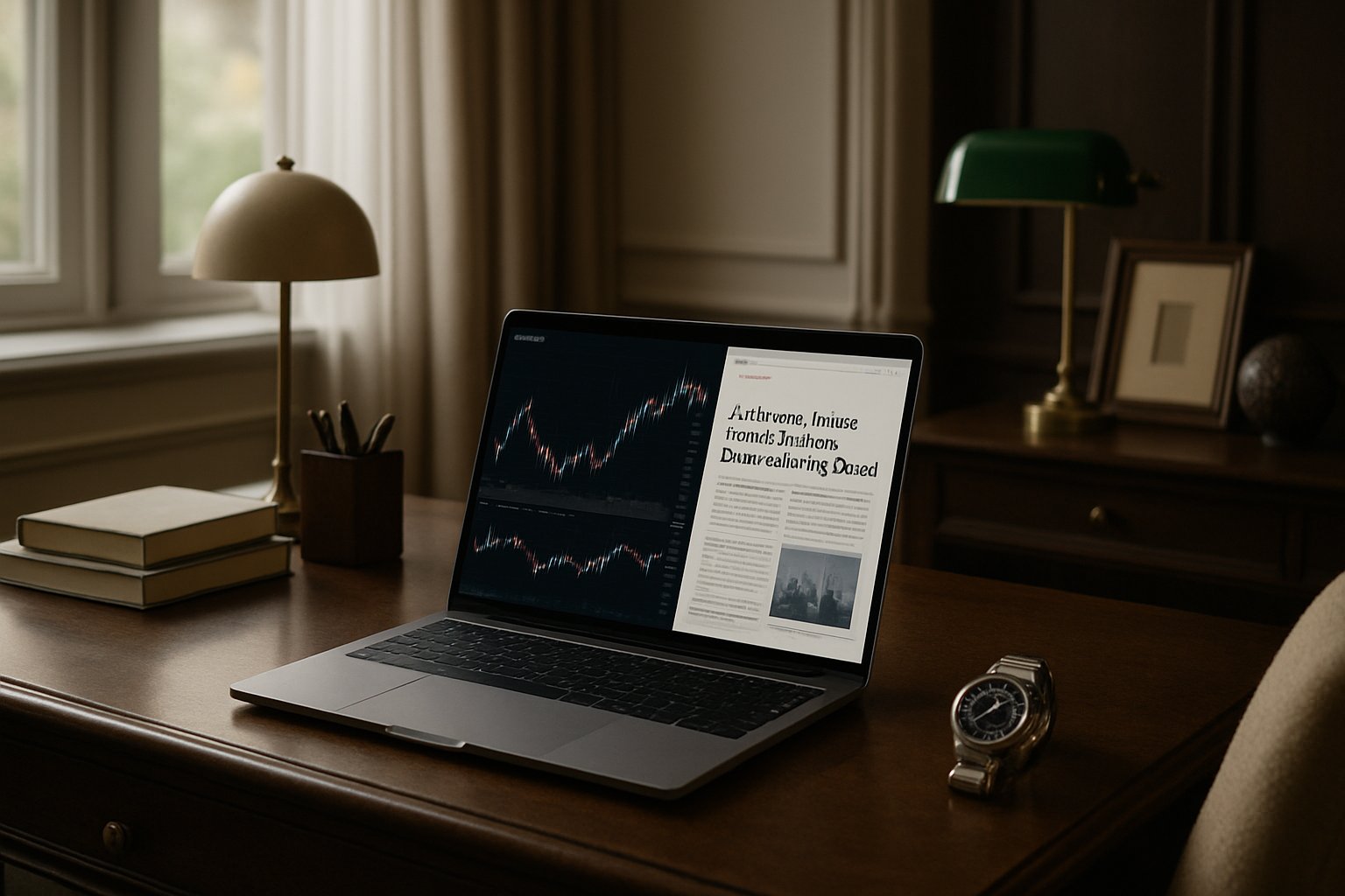 Private Equity Wealth showcased by luxurious home office setup with financial charts.