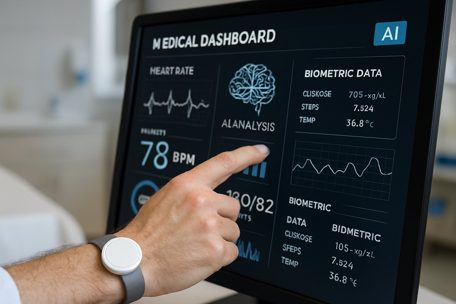 Human hand using a health sensor device in a Living Intelligence Tech environment.