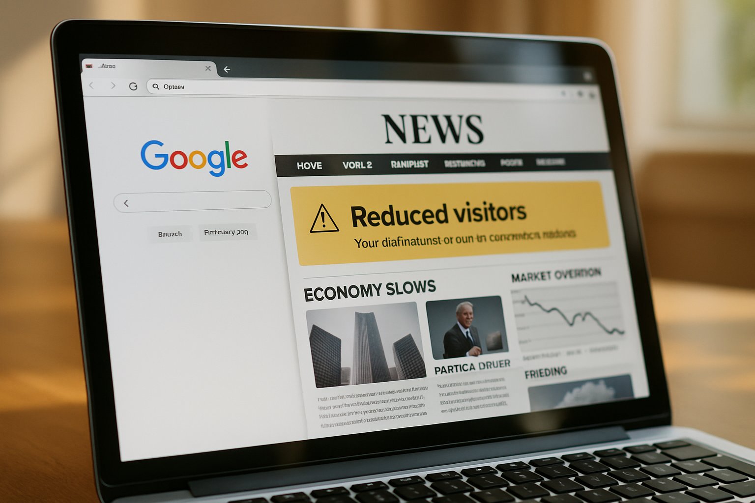 Laptop displays Search Traffic Plunge affecting a publisher’s website traffic.