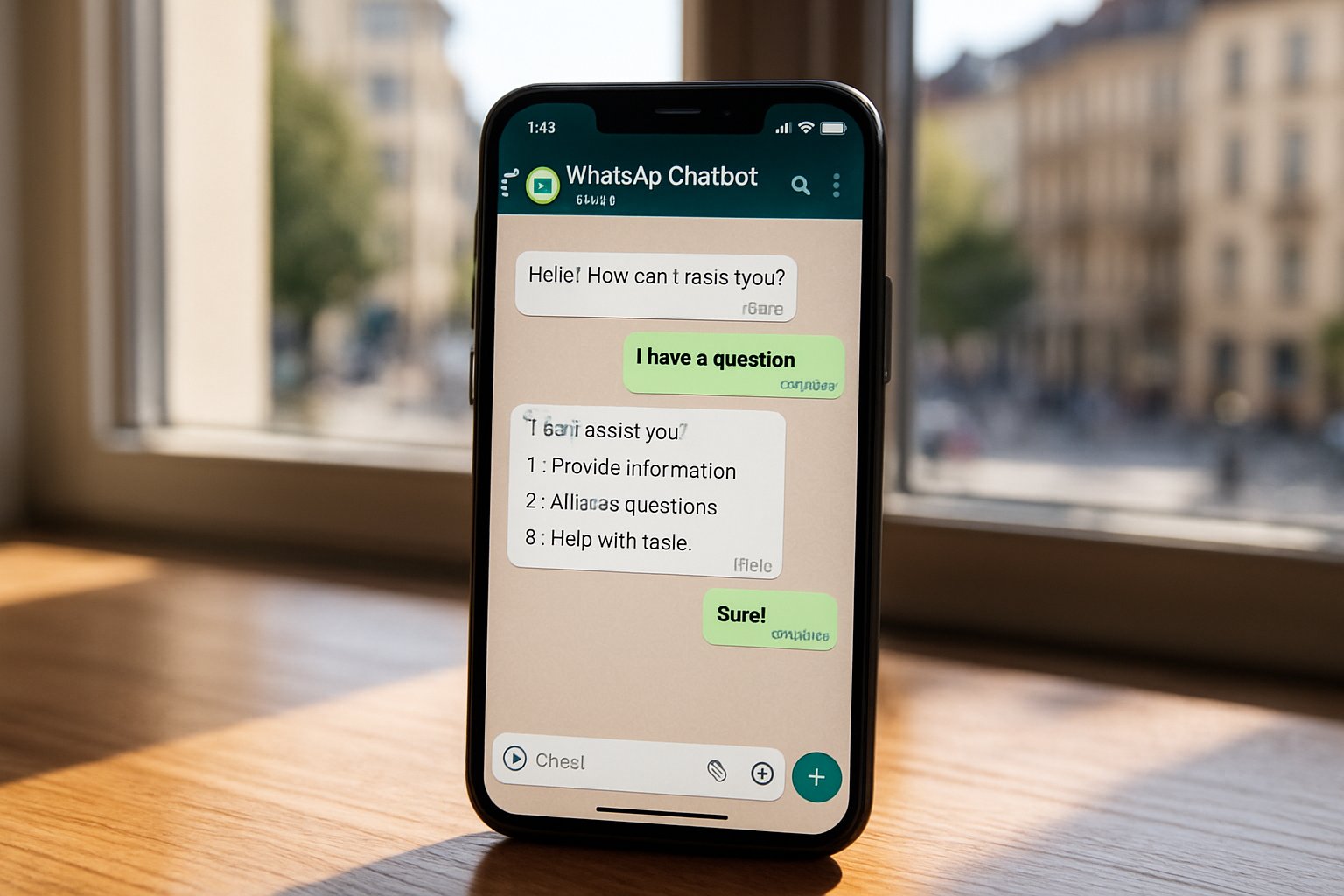 Smartphone screen showing WhatsApp Chatbots in action on a sunny European day.