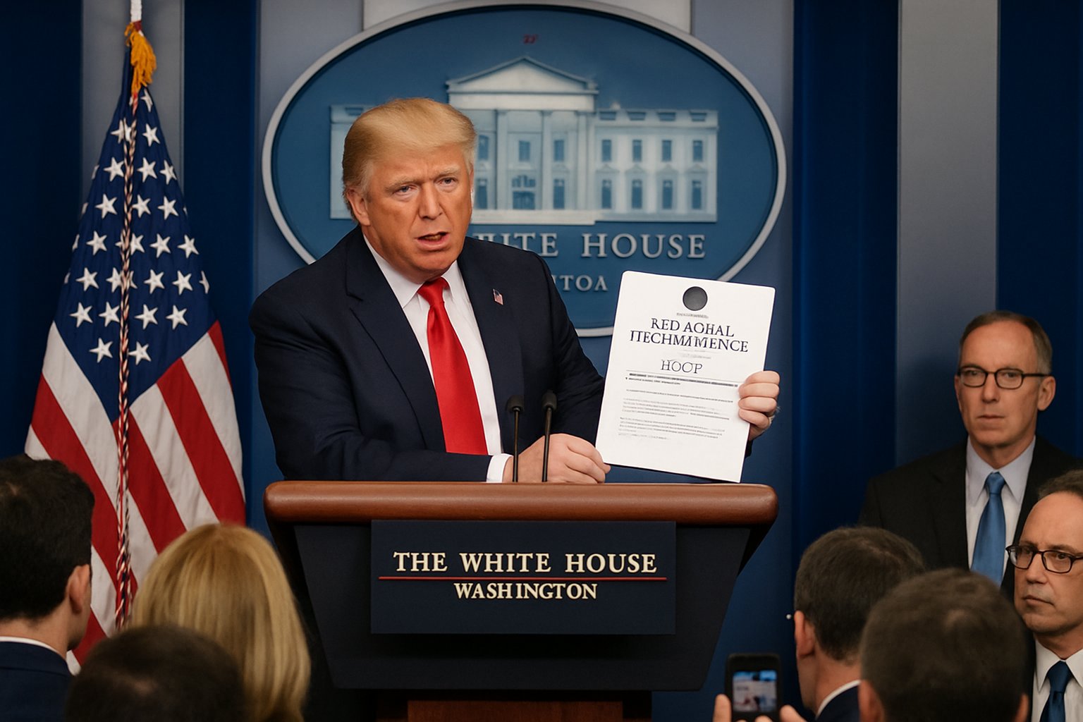 Donald Trump announces policies on Global AI Dominance in a White House briefing.