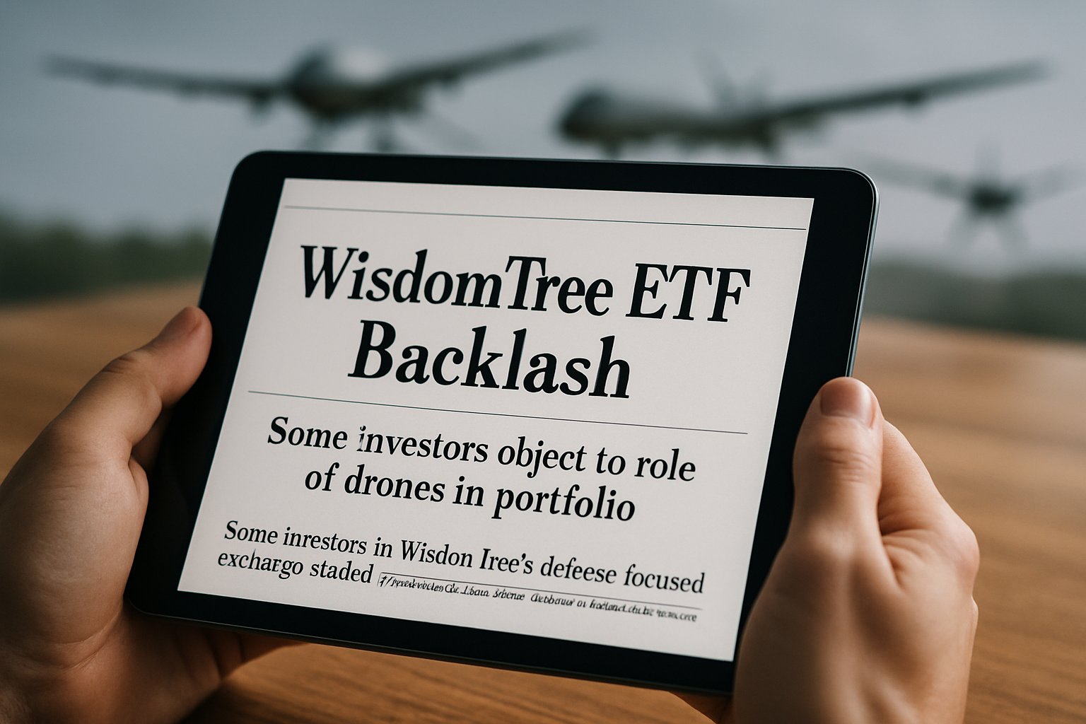 Tablet shows headline on militarized AI investment WisdomTree ETF backlash