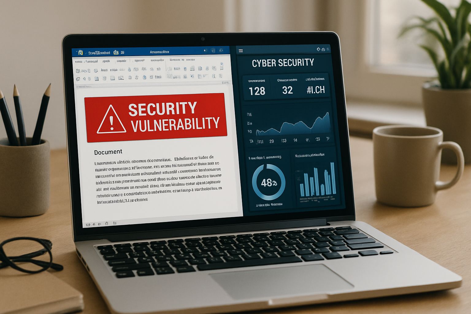 Security Vulnerability alert in Microsoft Word document on laptop screen.