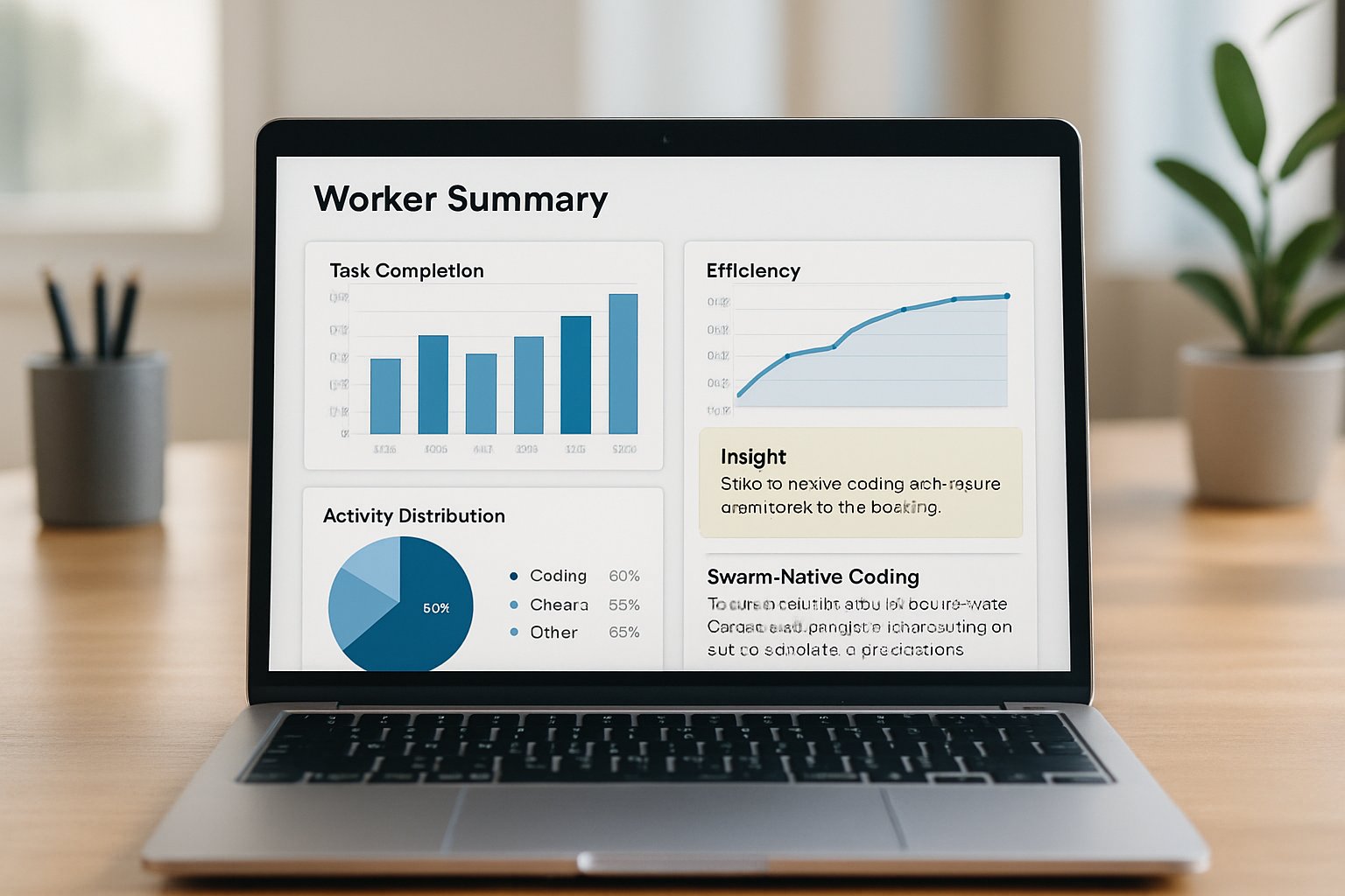 Laptop displaying detailed Worker Summary report with coding insights.