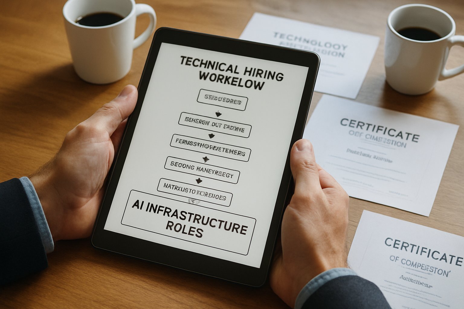 Technical Hiring Workflows diagram displayed on recruiter’s tablet among AI certification papers.