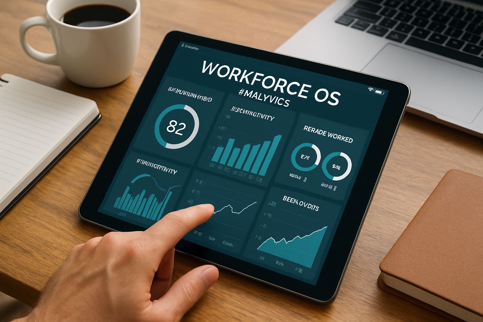 Tablet displaying Workforce OS dashboard in authentic workspace.